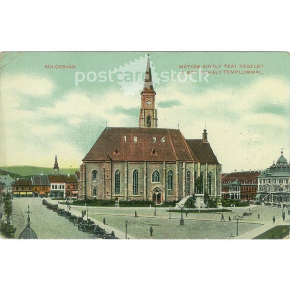 1910 - Kolozsvár. Mátyás Király téri részlet. Színezett fotólap, képeslap. (2791024)