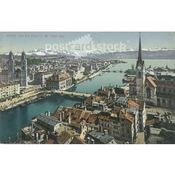   1911 - Zürich. A Zürichi-tó és a Szent Péter-templom. Színezett fotólap, képeslap. (2791041)