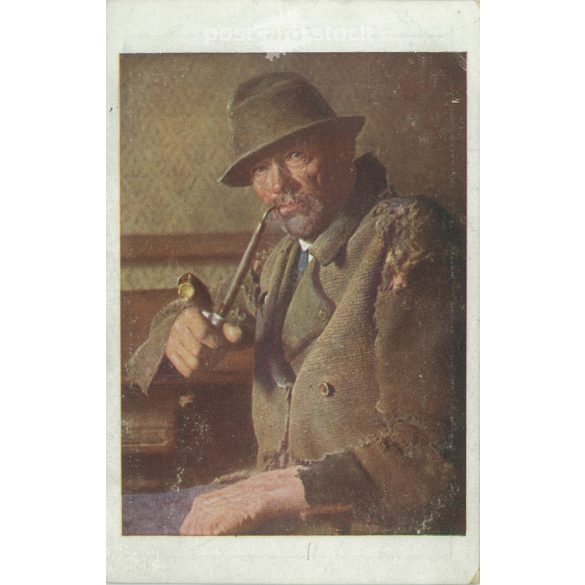 1920 - Pipázó öreg földműves portréfestmény reprodukció. Kecskeméti bélyegzéssel. Képeslap. (2791139)