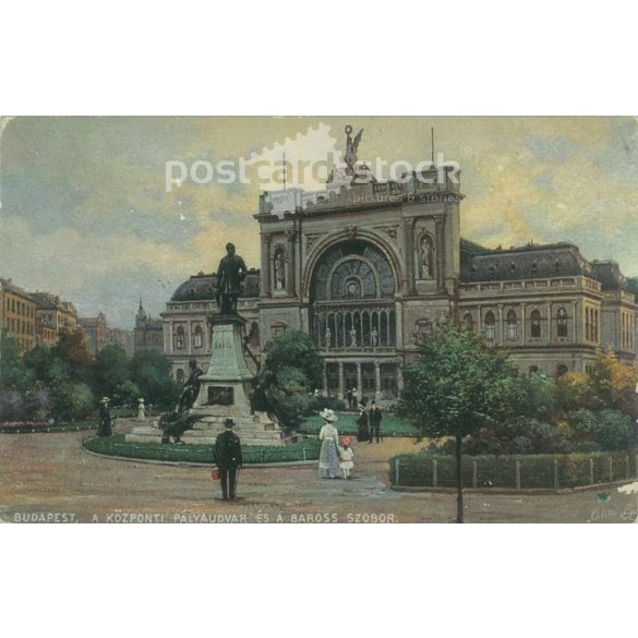 1916 - Budapest, Központi Pályaudvar és Baross szobor. Színezett fotólap, képeslap. (2791143)