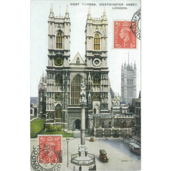 1949 - London. Westminster apátság. Nyugati tornyok. Színezett fotólap, képeslap. (2791176)