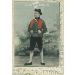   1907 - Üdvözlet Dél Tirolból. Meranói viselet. Színezett fotólap, képeslap. (2791302)