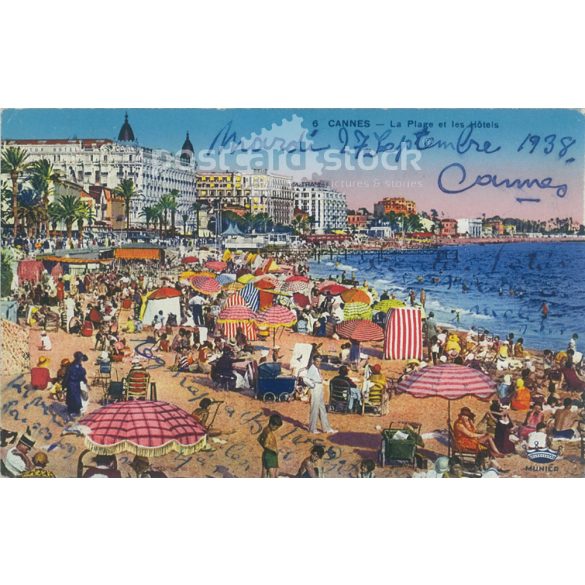 1938 - Cannes tengerpartja és szállodái. Színezett fotólap, képeslap. (2791309)