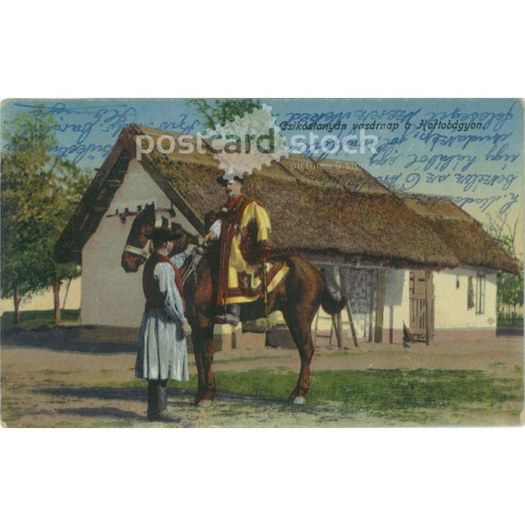 1923 - Csikóstanyán vasárnap a Hortobágyon. Színezett fotólap, képeslap. (2791356)