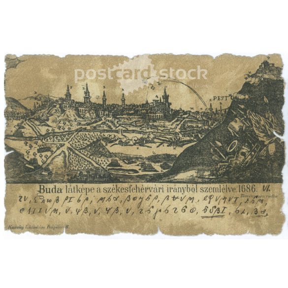 1900 - Buda látképe a székesfehrvári irányból szemlélve 1686. Különleges stancolással. Képeslap. (2791409)