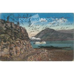   1910 - Visegrád-Nagymaros. Dunaparti részlet az Erzsébet pihenővel. Színezett fotólap, képeslap. (2791420)