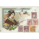 1902 - Japán stílusú, gyermekáldás köszöntő üdvözlőlap. 3 dimenziós, csillámporos díszítéssel. Képeslap. (2791448)