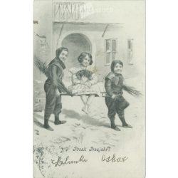   1904 - Vidám, romantikus újévi üdvözlet, üdvözlőkártya (2791497)