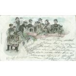 1896 - Üdvözlet Budapestről. Egyedi grafikával illusztrált képeslap. (2791601)