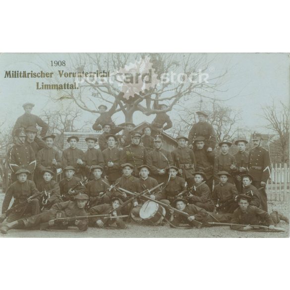 1908 - Katonai kiképzés előtt, Limmat völgy, Svájc. Fotólap, képeslap. (2791612)