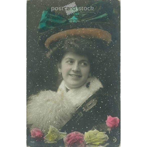 1910 - Újévi üdvözlet. Színezett fotólap, üdvözlőlap. (2791672)