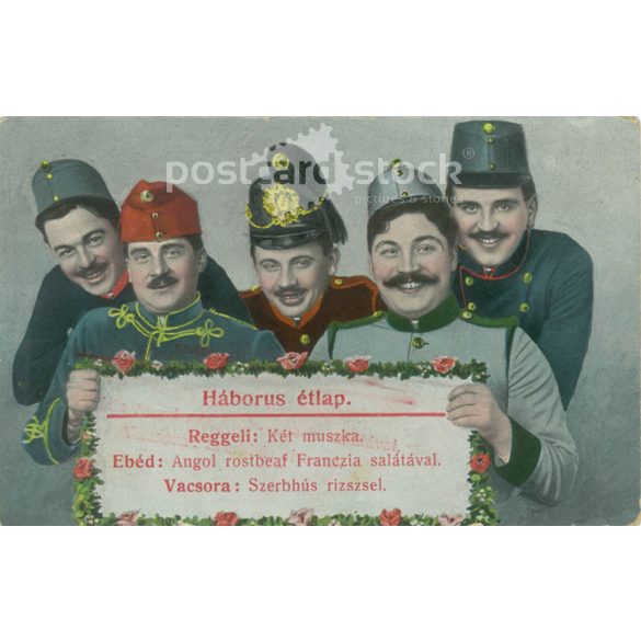 1914 - Háborús étlap, humoros menüvel. Képeslap, színezett fotólap. (2791818)