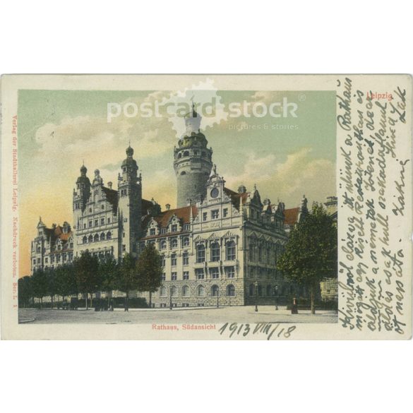 1913 - Lipcse, Városháza. Képeslap, színezett fotólap. (2791857)