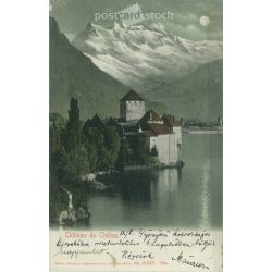   1905 - Chillon vára a Genfi-tó keleti végében. Svájc. Színezett fotólap, üdvözlőlap. (2791885)