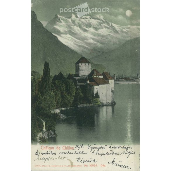 1905 - Chillon vára a Genfi-tó keleti végében. Svájc. Színezett fotólap, üdvözlőlap. (2791885)