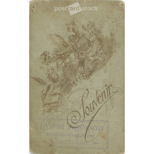 Hawel Agoston festő és fényképész munkája 1910-es évek, Losoncz. Fiatal hölgy, műtermi portréfotója. Izgalmas kompozíció élő virággal kombinálva. Kabinetfotó / keményhátú fotó / vizitkártya, CDV fotó. (2791942)