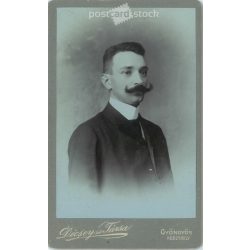  Décsei és Társa, gyöngyösi fotóműtermében készült kabinetfotó. Tehetős, karakteres bajuszos fiatal férfi, műtermi portréfotója. Kabinetfotó / keményhátú fotó / vizitkártya, CDV fotó. (2791956)