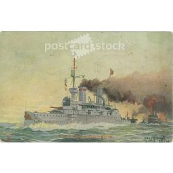   1909 - SMS Kaiser Friedrich III. csatahajó. Egyedi grafikával készült képeslap. (2792067)