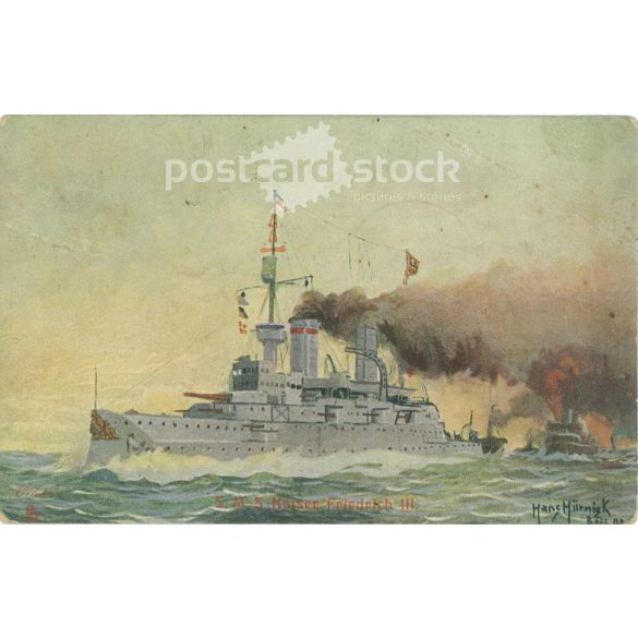 1909 - SMS Kaiser Friedrich III. csatahajó. Egyedi grafikával készült képeslap. (2792067)