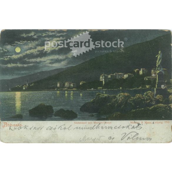 1904 - Abbázia. Déli strand Mária szoborral. Színezett fotólap, képeslap. (2792074)