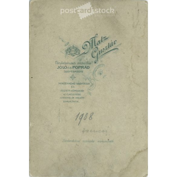 1908 - Matz Gusztáv fényképészeti műterem, Igló és Poprád. Félakos műtermi fotó. Fiatal nő, díszes öltözékben, ovális medállal a nyakában. Kabinetfotó / keményhátú fotó / vizitkártya, CDV fotó. (2792110)