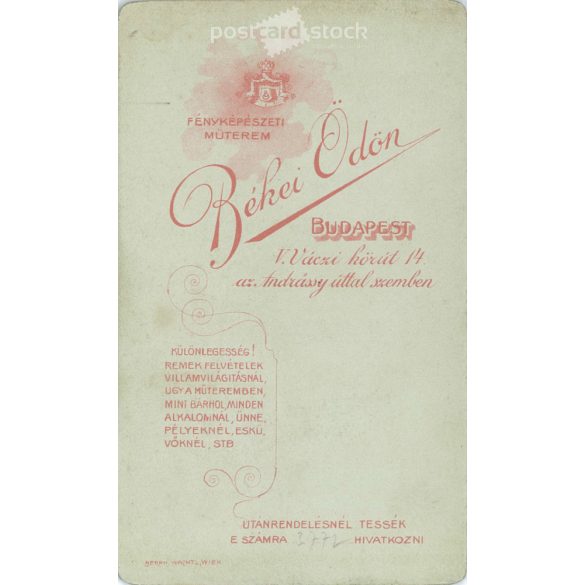 1900-as évek eleje - Középkorú férfi, műtermi portréfotója. Békei Ödön fényképészeti műterme készítette, Budapesten. Kabinetfotó / keményhátú fotó / vizitkártya, CDV fotó. (2792183)