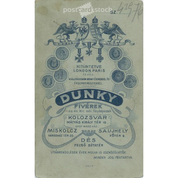 1900-as évek eleje - Fiatal férfi, műtermi portréfotója. Dunky fivérek fényképészeti műterme készítette, Kolozsvár. Kabinetfotó / keményhátú fotó / vizitkártya, CDV fotó. (2792194)