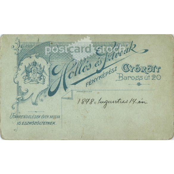 1898 - Elegáns, fiatal nő, műtermi fotója. Hollós és Szlovák, fényképészeti műterme készítette, Győrött. Kabinetfotó / keményhátú fotó / vizitkártya, CDV fotó. (2792203)