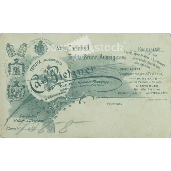 1900-as évek eleje - Középkorú, elegáns, kötögető hölgy, egészalakos műtermi fotója. Carl Pietzner, fényképészeti műterme készítette, Bécs. Kabinetfotó / keményhátú fotó / vizitkártya, CDV fotó. (2792204)