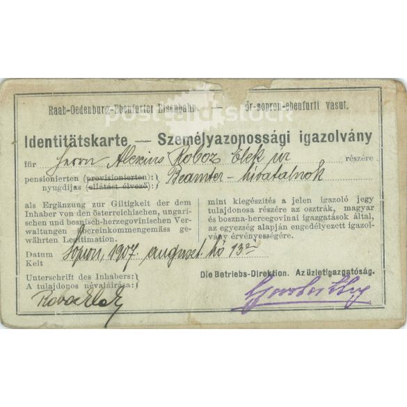 1907 - Középkorú férfi, műtermi portréfotója. Brückner J. fényképészeti műterme készítette, Sopronban. Személyazonossági igazolvány. Kabinetfotó / keményhátú fotó / vizitkártya, CDV fotó. (2792208)