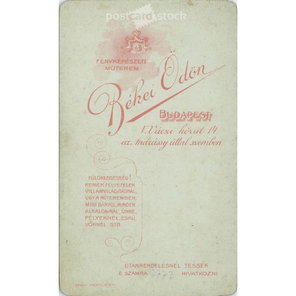 1910-es évek eleje - Fiatal nő, műtermi fotója. Békei Ödön, fényképészeti műterme készítette, Budapesten. Kabinetfotó / keményhátú fotó / vizitkártya, CDV fotó. (2792210)
