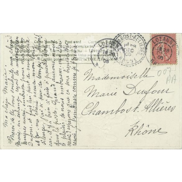 1906 - Újévi üdvözlet. Francia, litografált, dombornyomott és aranyozott üdvözlőlap. (2792321)