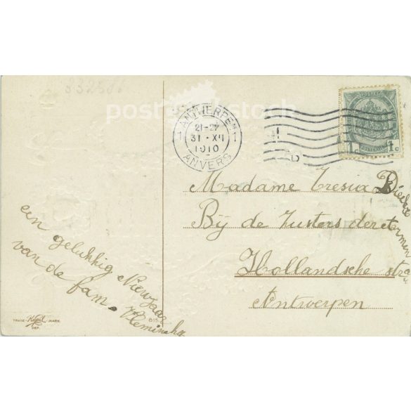 1910 - Újévi üdvözlet. Francia, litografált, dombornyomott és aranyozott üdvözlőlap. (2792325)