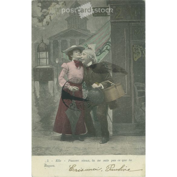 1903 - Vidám jelenet. Francia, színezett fotólap, képeslap. (2792343)