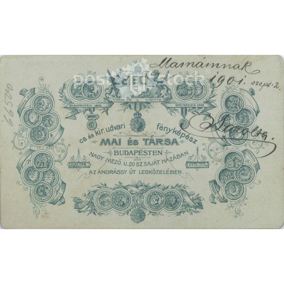 1901 - Fiatal nő portréfotója, elegáns öltözékben. Mamának, Sarolta felirattal. A fotó Mai és Társa fényképészeti műtermében készült, Budapesten. Eredeti kabinetfotó / keményhátú fotó / vizitkártya, CDV fotó. (2792346)