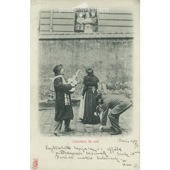 1903 - Párizsi, „éneklő koldusok” az utcán. Fekete-fehér fotólap, régi képeslap. (2792390)