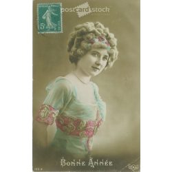   1914 - Francia újévi üdvözlet, régi képeslap. Színezett fotólap. (2792393)