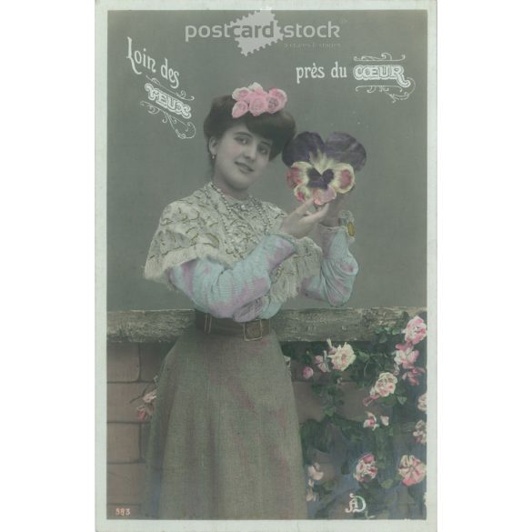 1909 - Romantikus régi képeslap. Színezett fotólap. (2792549)