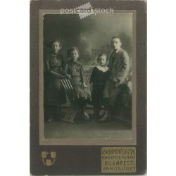   1900-as évek eleje. Testvérek csoportképe. Bienenfeld Zsigmondné, fényképészeti műterem, Budapest, Városliget. Régi fotó, eredeti kabinetfotó / keményhátú fotó. (2792566)