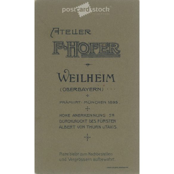 Franz Hofer fényképészeti műterem munkája. Weilheim. 1900-as évek eleje. Ismeretlen fiatalember fotója. Régi fotó, vizitkártya, CDV fotó. (2792582)