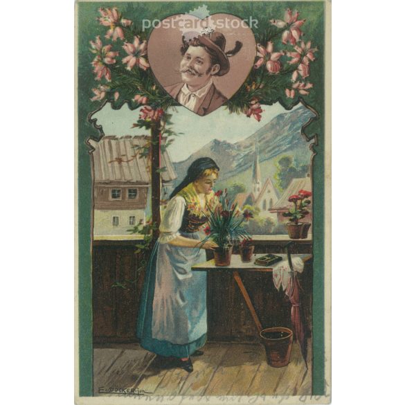 1902 - Romantikus régi képeslap. Litografált, egyedi grafika. (2792588)