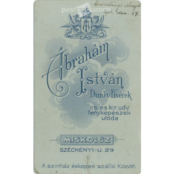 1911 - Miskolc. Ábrahám István, Dunky Fivértek fényképészeti műterem munkája. Oroszlányi Margit fotója. Régi fotó, vizitkártya, CDV fotó. (2792603)