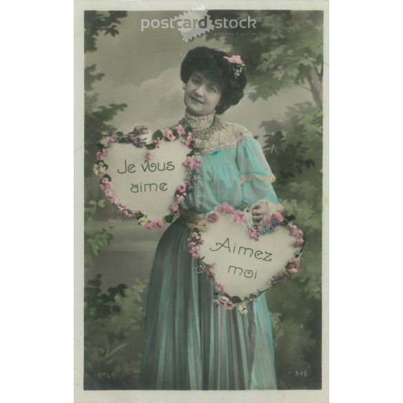 1907 - Romantikus képeslap. Eredeti papírkép. Régi fotó. Színezett fotólap, régi képeslap. (2792649)