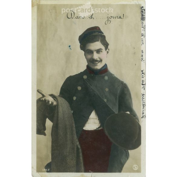 1907 - Vidám francia, romantikus képeslap. Eredeti papírkép. Régi fotó. Színezett fotólap, régi képeslap. (2792657)