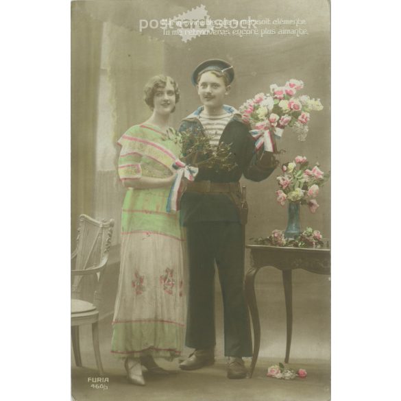 1913 - Romantikus képeslap. Eredeti papírkép. Régi fotó. Színezett fotólap, régi képeslap. (2792659)