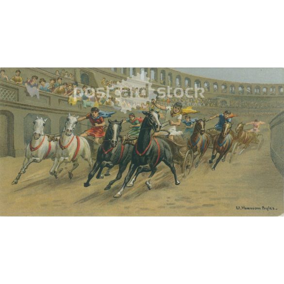 William Hounsom Byles (British, 1872-circa 1940) munkája. Római szekérverseny. Litográfia. Londoni Carreras LTD. kiadásában. Történelmi és modern versenyek sorozatból a 8. (2792664)