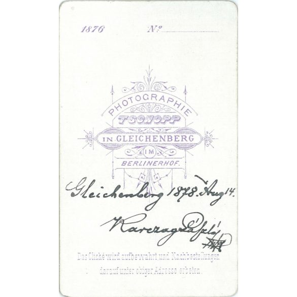 Karczag László portréfotója. Gleichenberg 1878. J. Tschopp fényképészeti műterem munkája. Régi fotó, vizitkártya, CDV fotó. (2792674)