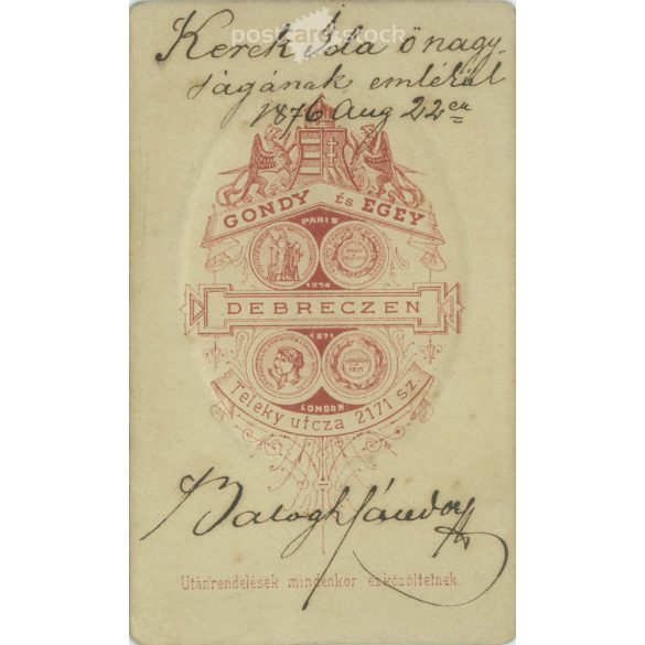 1876. Balogh János műtermi fotója. Eredeti papírkép. A fotó Gondy és Egey fényképészeti műtermében készült, Debrecenben. Régi fotó, vizitkártya, CDV fotó. (2792677)