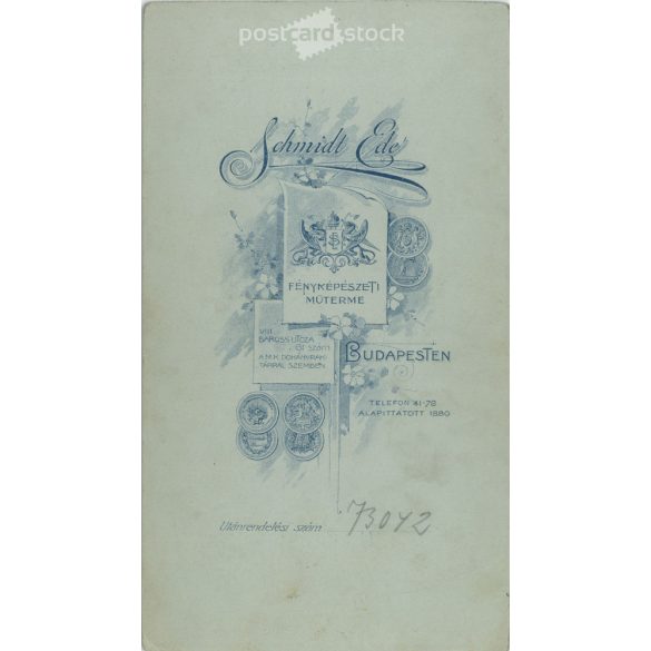 1910-es évek. Elegáns, esküvői fotó. A képen szereplők személye ismeretlen. A fotó Schmidt Ede fényképészeti műtermében készült, Budapesten. Régi fotó, eredeti kabinetfotó / keményhátú fotó. (2792678)