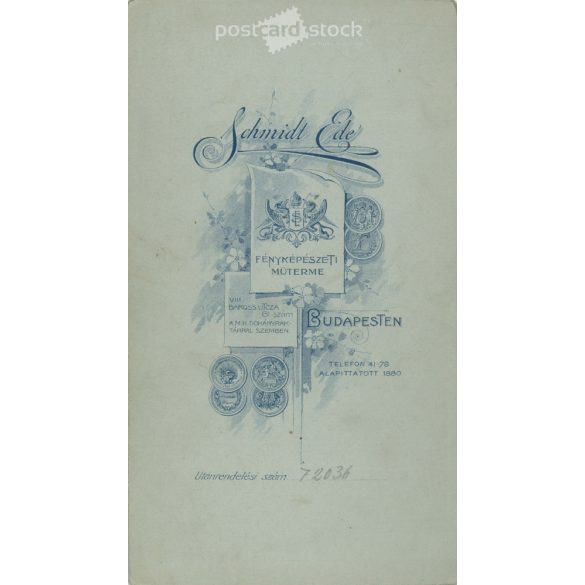 1910-es évek. Fiatal hölgy műtermi fotója. A hölgy személye ismeretlen. A fotó Schmidt Ede fényképészeti műtermében készült, Budapesten. Régi fotó, eredeti kabinetfotó / keményhátú fotó. (2792681)